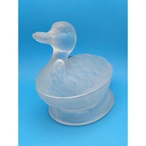 French Portieux Vallerysthal Frosted Duck Trinket Glass Dish 2 Pc. VTG Rare Mint